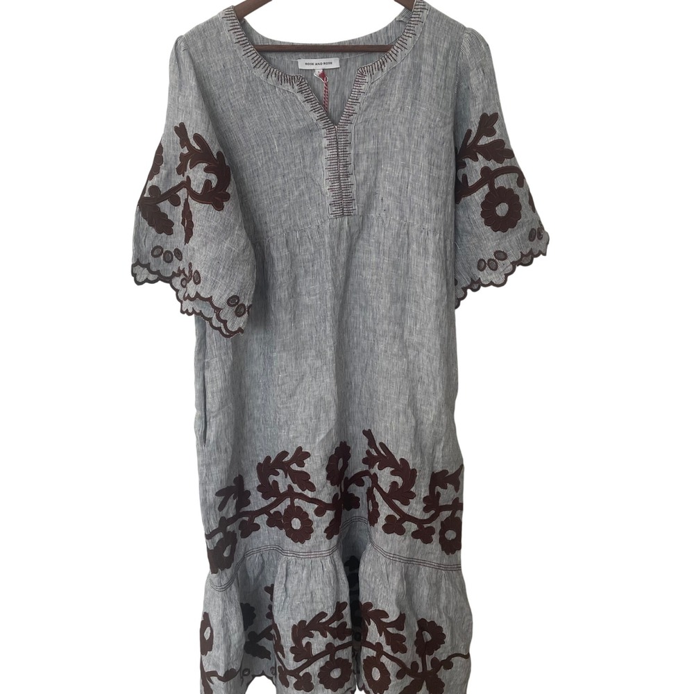 Rose and Rose Linen Striped Embroidered Midi Dress Blue White Brown Floral Small